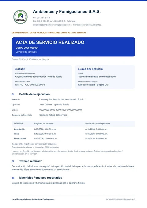 Primera página del acta corporativa de Hera de demostración, con el logo de Ambientes y Fumigaciones y datos ficticios del servicio.