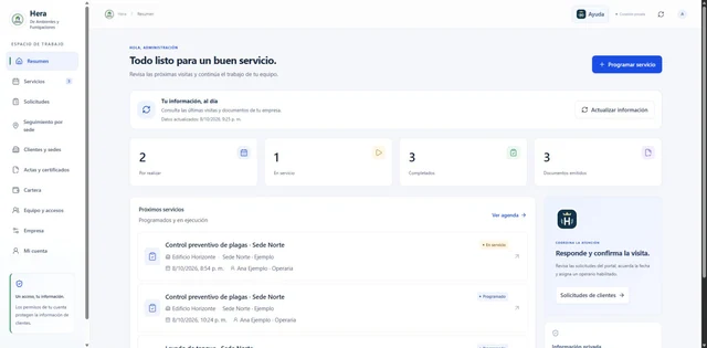 Captura real del espacio de administración de Hera para coordinar la operación, con registros ficticios.