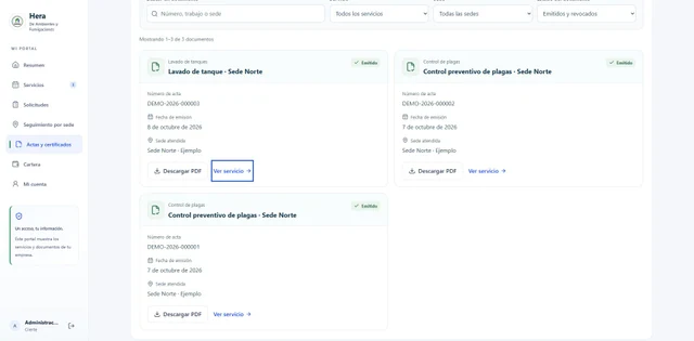 Captura real de la biblioteca de actas de Hera para clientes, con servicios y documentos de ejemplo.