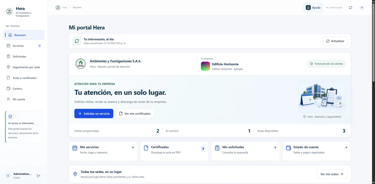 Inicio real del portal de clientes de Hera: próximas visitas, estado de los servicios y acceso a los documentos, con datos de ejemplo.